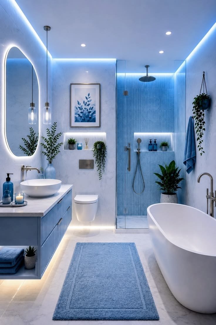 Salle de bain moderne bleue par My Universe Design