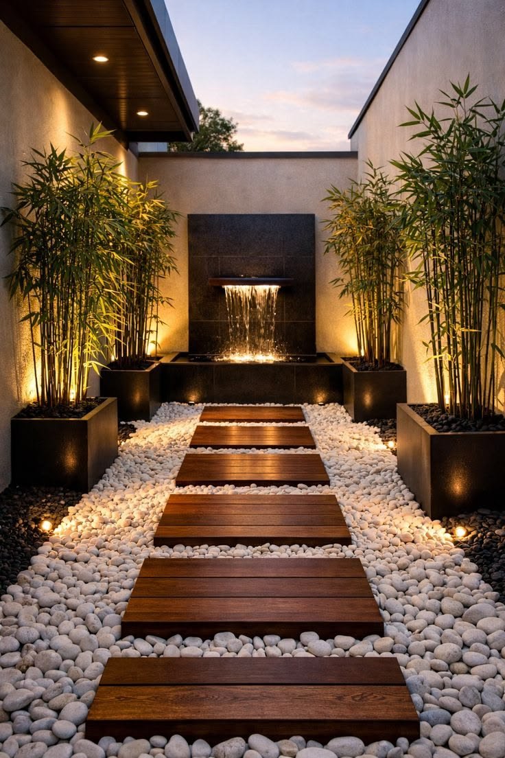 Cour zen avec bambous et fontaine par My Universe Design